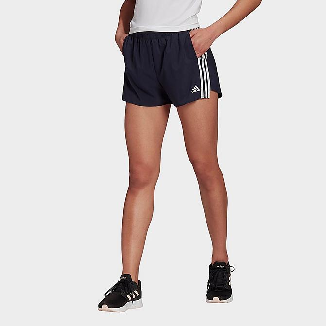 Front view of Women's adidas Primeblue Designed 2 Move Woven 3-Stripes Sport Shorts in Ink/White Click to zoom