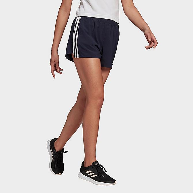 Front Three Quarter view of Women's adidas Primeblue Designed 2 Move Woven 3-Stripes Sport Shorts in Ink/White Click to zoom