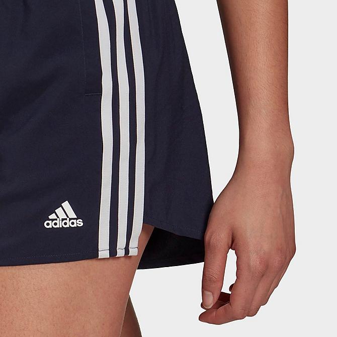 Back Right view of Women's adidas Primeblue Designed 2 Move Woven 3-Stripes Sport Shorts in Ink/White Click to zoom