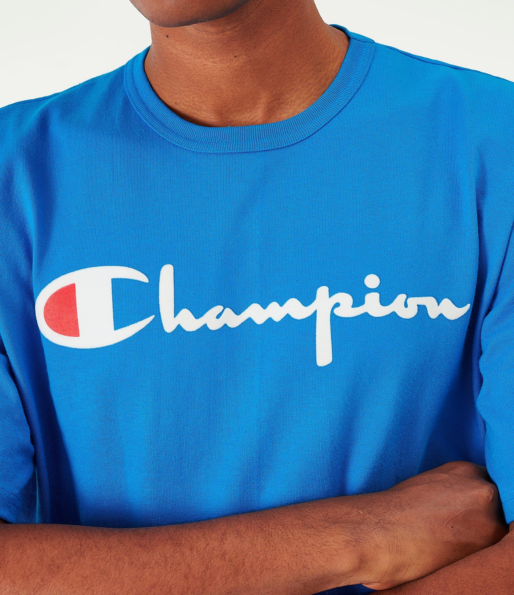 blue and white champion shirt