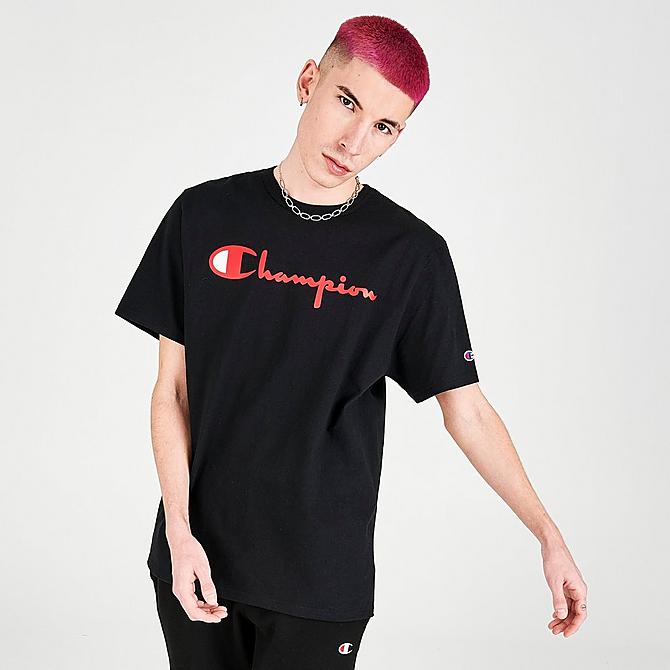 Back Left view of Men's Champion Core Script T-Shirt in Black Click to zoom