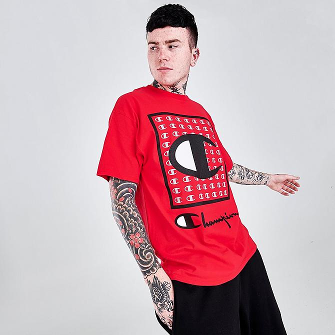 On Model 5 view of Men's Champion Tab Graphic T-Shirt in Red Click to zoom