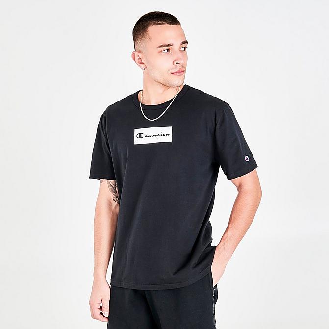 Front view of Men's Champion Box Logo Short-Sleeve T-Shirt in Black Click to zoom