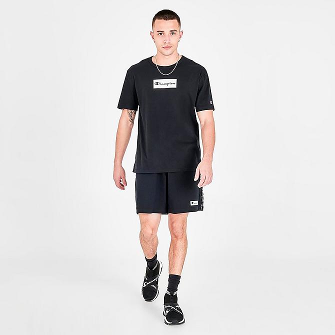Front Three Quarter view of Men's Champion Box Logo Short-Sleeve T-Shirt in Black Click to zoom
