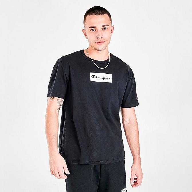 Back Left view of Men's Champion Box Logo Short-Sleeve T-Shirt in Black Click to zoom