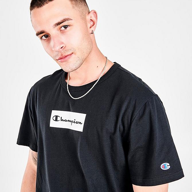 On Model 5 view of Men's Champion Box Logo Short-Sleeve T-Shirt in Black Click to zoom