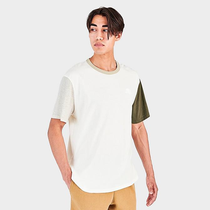 Front view of Men's Champion Lightweight Blocked T-Shirt in Oatmeal Heather/Cocoa Butter/Moss Green/Chalk Click to zoom