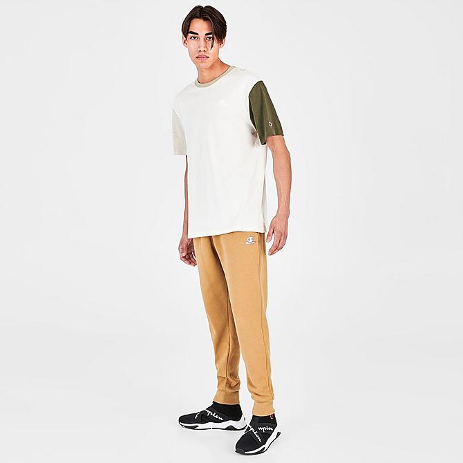 Front Three Quarter view of Men's Champion Lightweight Blocked T-Shirt in Oatmeal Heather/Cocoa Butter/Moss Green/Chalk Click to zoom