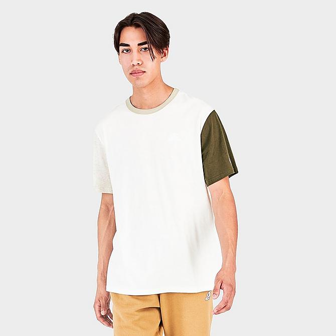 Back Left view of Men's Champion Lightweight Blocked T-Shirt in Oatmeal Heather/Cocoa Butter/Moss Green/Chalk Click to zoom