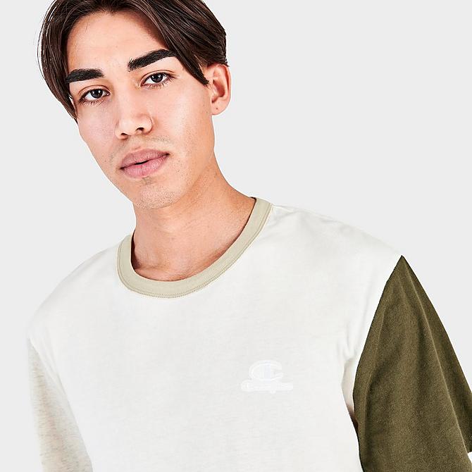 On Model 5 view of Men's Champion Lightweight Blocked T-Shirt in Oatmeal Heather/Cocoa Butter/Moss Green/Chalk Click to zoom