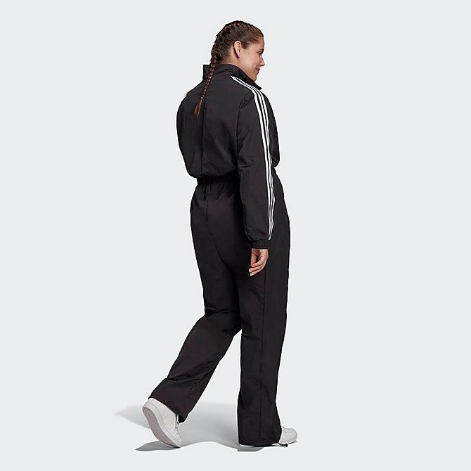 Front Three Quarter view of Women's adidas Originals Adicolor Classics Boiler Jumpsuit (Plus Size) in Black Click to zoom