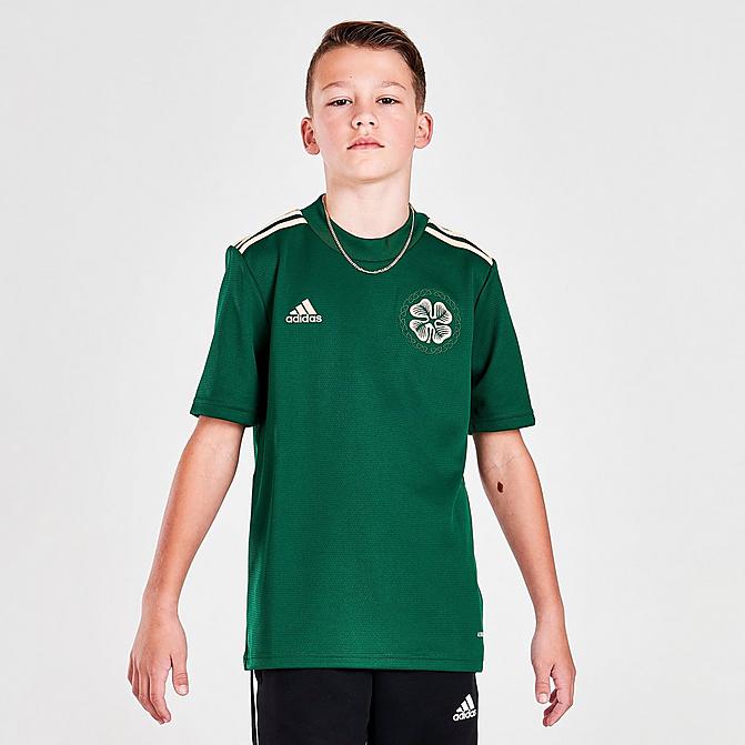 Front view of Kids' adidas Celtic FC 21-22 Away Soccer Jersey in Team Dark Green Click to zoom