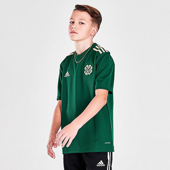 Back Left view of Kids' adidas Celtic FC 21-22 Away Soccer Jersey in Team Dark Green Click to zoom