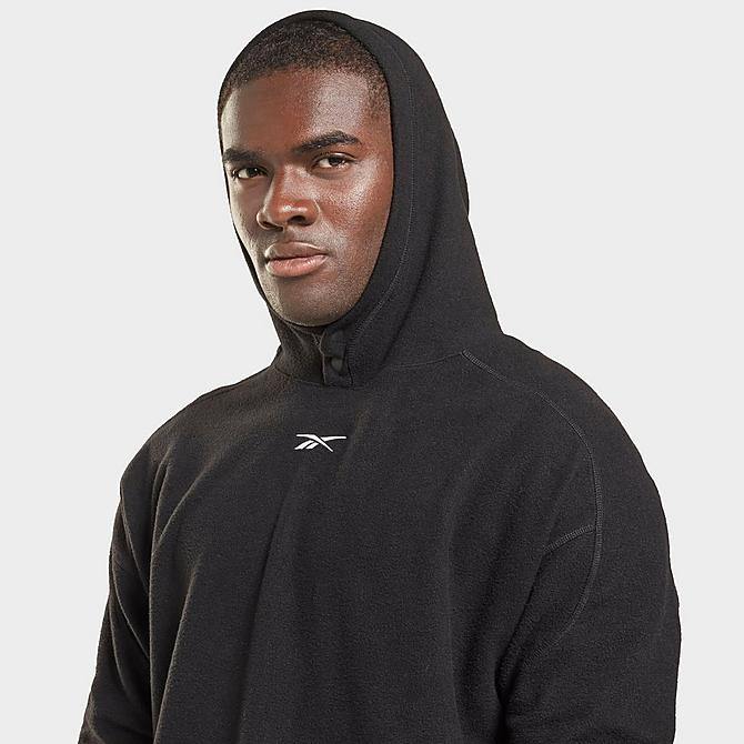 Back Right view of Men's Reebok Workout Ready Fleece Button Hoodie in Black Click to zoom