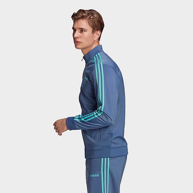 Front Three Quarter view of Men's adidas Essentials 3-Stripes Tricot Track Jacket in Crew Blue Click to zoom