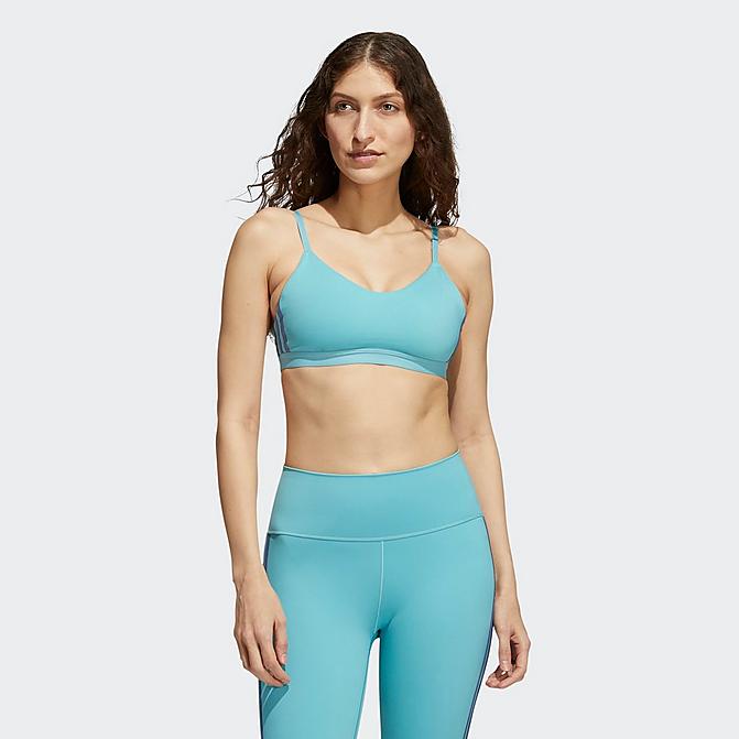 Front view of Women's adidas All Me 3-Stripes Light-Support Sports Bra in Mint Ton/White Click to zoom