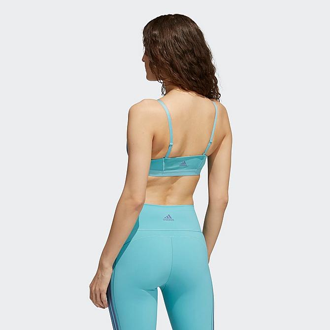 Front Three Quarter view of Women's adidas All Me 3-Stripes Light-Support Sports Bra in Mint Ton/White Click to zoom