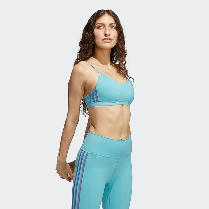 Back Left view of Women's adidas All Me 3-Stripes Light-Support Sports Bra in Mint Ton/White Click to zoom