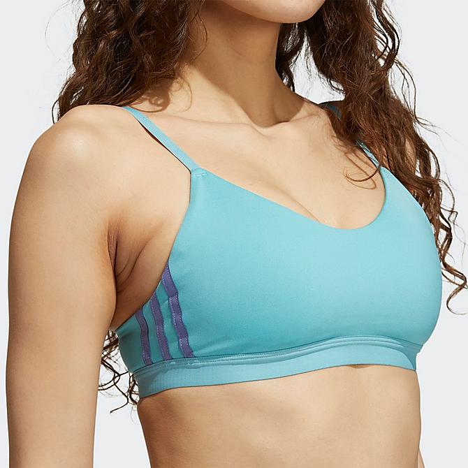 Back Right view of Women's adidas All Me 3-Stripes Light-Support Sports Bra in Mint Ton/White Click to zoom