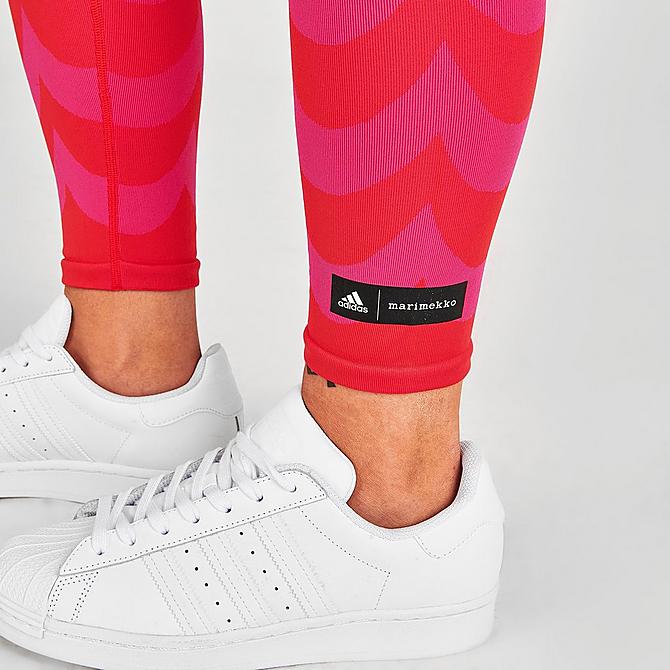 On Model 6 view of Women's adidas Originals x Marimekko Aeroknit Cropped Training Tights in Team Real Magenta/Vivid Red Click to zoom