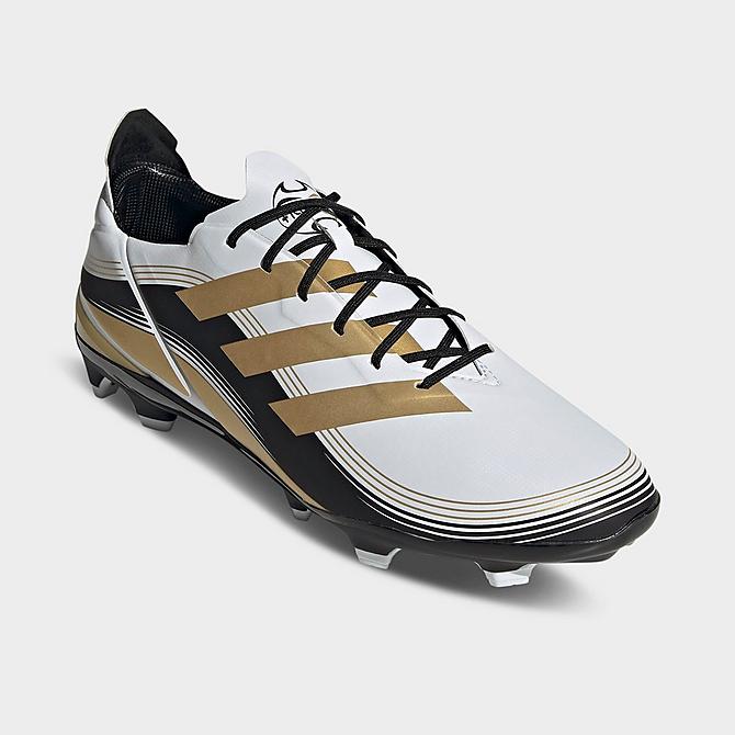 Three Quarter view of adidas Gamemode Firm Ground Soccer Cleats in Cloud White/Gold Metallic/Core Black Click to zoom