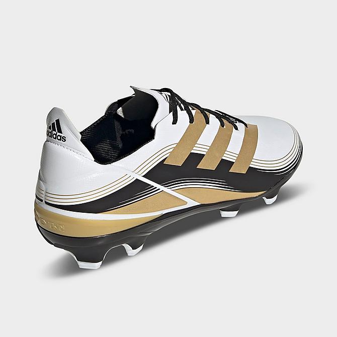 Left view of adidas Gamemode Firm Ground Soccer Cleats in Cloud White/Gold Metallic/Core Black Click to zoom