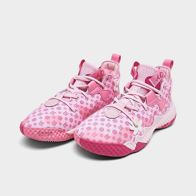 Three Quarter view of Big Kids' adidas Harden Vol. 6 Basketball Shoes in Pink Click to zoom