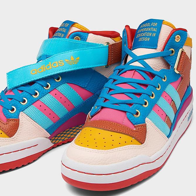 Front view of Women's adidas Originals Forum Mid Casual Shoes in Team College Gold/Pulse Aqua/Pink Tint Click to zoom