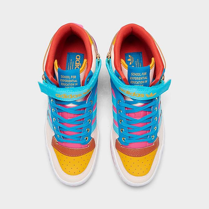Back view of Women's adidas Originals Forum Mid Casual Shoes in Team College Gold/Pulse Aqua/Pink Tint Click to zoom