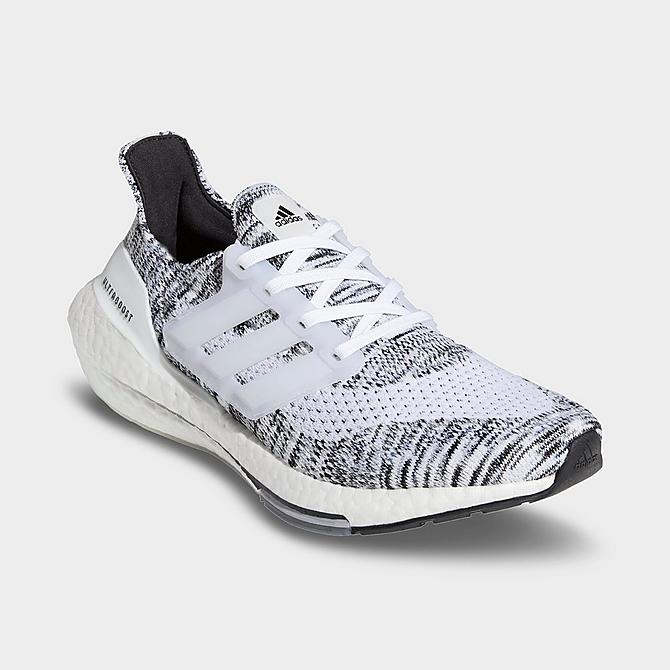 Three Quarter view of Women's adidas UltraBOOST 21 Running Shoes in White/White/Black Click to zoom