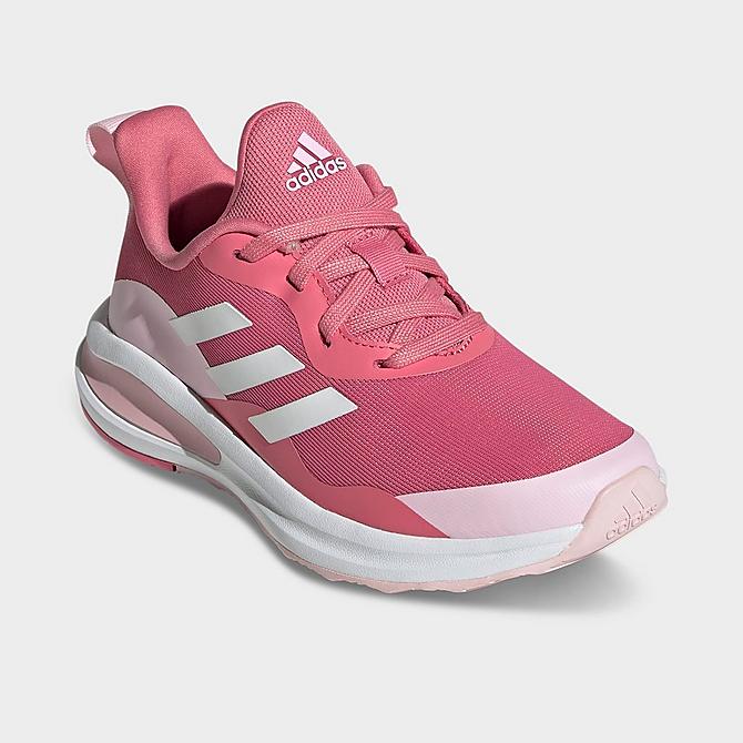 Three Quarter view of Girls' Big Kids' adidas FortaRun Lace Running Shoes in Clear Pink/Cloud White/Rose Tone Click to zoom