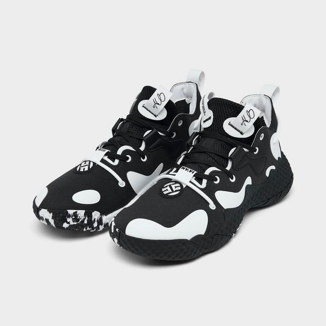 Three Quarter view of Big Kids' adidas Harden Vol. 6 Basketball Shoes in Core Black/Core Black/Cloud White Click to zoom
