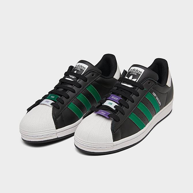 Three Quarter view of Women's Abby Dahlkemper x adidas Originals Superstar Casual Shoes in Core Black/Bold Green/Active Purple Click to zoom