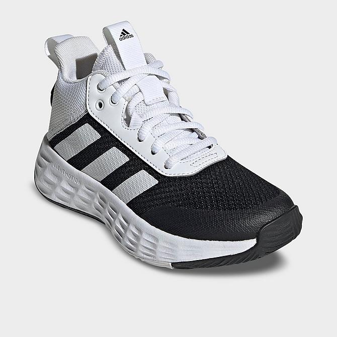 Three Quarter view of Big Kids' adidas Ownthegame 2.0 Basketball Shoes in Core Black/Cloud White/Core Black Click to zoom