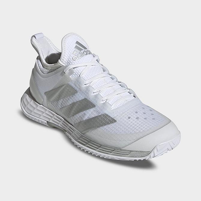 Three Quarter view of Women's adidas Adizero Ubersonic 4 Tennis Shoes in Cloud White/Silver Metallic/Grey Click to zoom