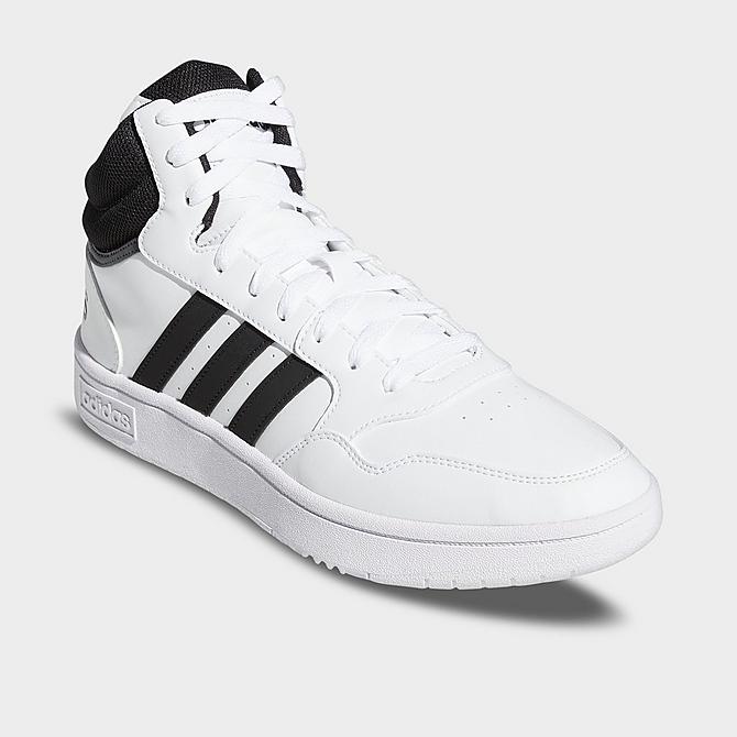 Three Quarter view of Men's adidas Hoops 3.0 Mid Classic Vintage Casual Shoes in Black/Black/White Click to zoom