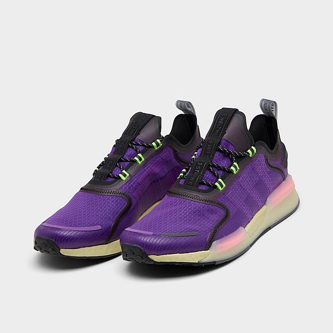 Three Quarter view of Men's adidas Originals NMD_R1 V3 Casual Shoes in Active Purple/Core Black/Signal Green Click to zoom