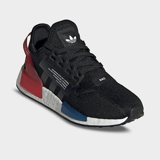 Three Quarter view of Big Kids' adidas Originals NMD_R1 V2 Casual Shoes in Core Black/Cloud White/Red/Blue Click to zoom