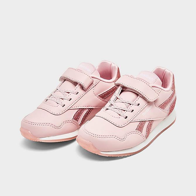 Three Quarter view of Girls' Toddler Reebok Royal Classic Jogger 3 Casual Shoes in Porcelain Pink Click to zoom