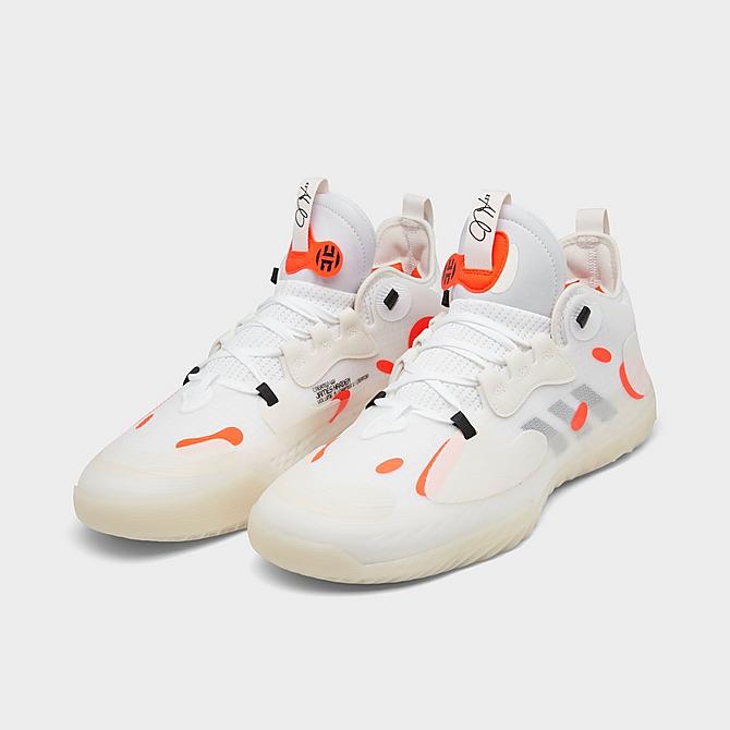 Three Quarter view of adidas Harden Vol. 5 Futurenatural Basketball Shoes in Cloud White/Core Black/Solar Red Click to zoom