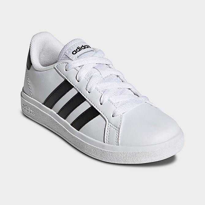 Three Quarter view of Little Kids' adidas Grand Court 2.0 Casual Shoes in White/Black/Black Click to zoom