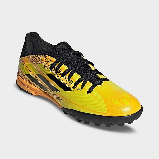 Three Quarter view of Big Kids' adidas X Speedflow Messi.3 Turf Soccer Cleats in Solar Gold/Core Black/Bright Yellow Click to zoom