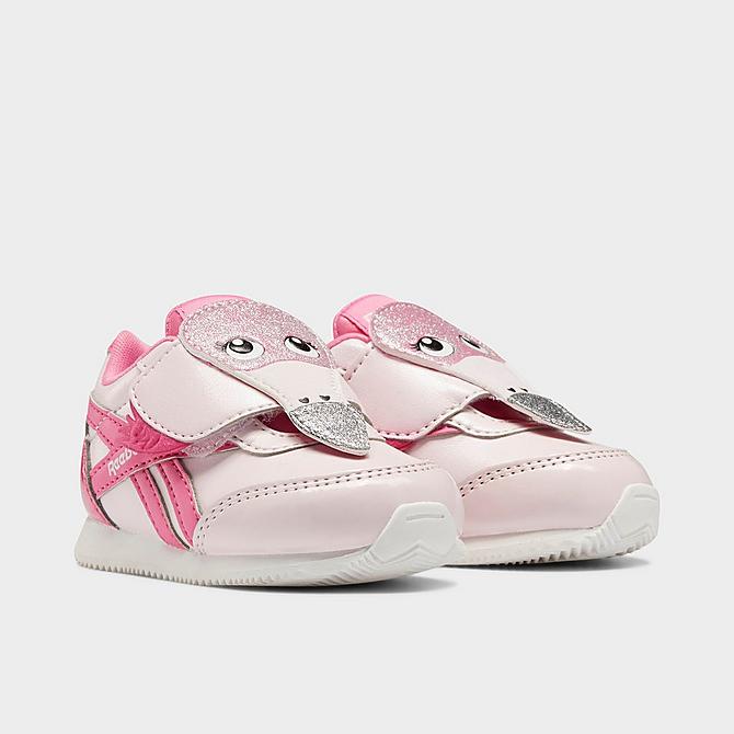 Three Quarter view of Kids' Toddler Reebok Royal Classic Jogger 2 Casual Shoes in Porcelain Pink/True Pink/Core Black Click to zoom