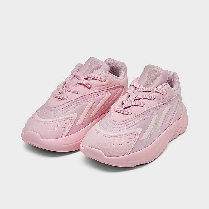 Three Quarter view of Girls' Toddler adidas Originals Ozelia Stretch Lace Casual Shoes in Clear Pink/Core Black/Clear Pink Click to zoom