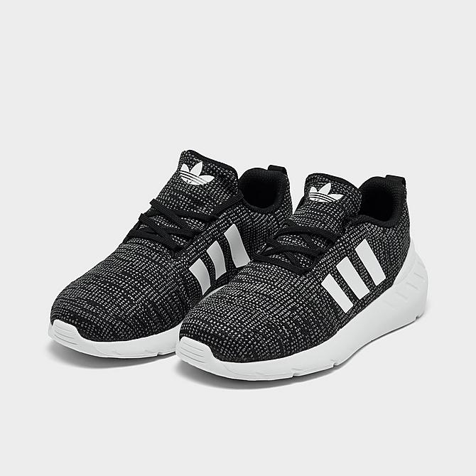 Three Quarter view of Little Kids' adidas Originals Swift Run 22 Casual Shoes in Core Black/Cloud White/Grey Five Click to zoom