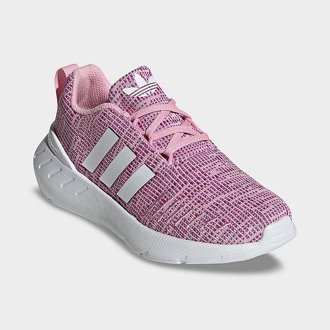 Three Quarter view of Little Kids' adidas Originals Swift Run 22 Casual Shoes in True Pink/White/Vivid Pink Click to zoom