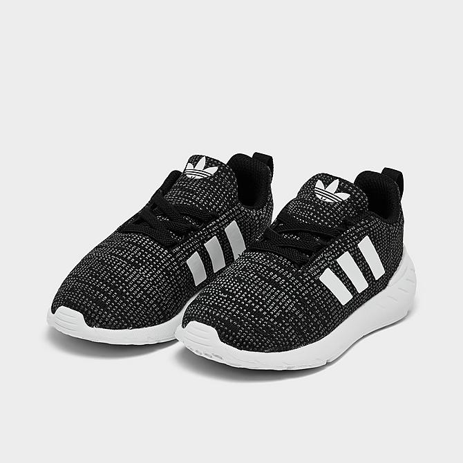 Three Quarter view of Kids' Toddler adidas Originals Swift Run 22 Casual Shoes in Core Black/Cloud White/Grey Five Click to zoom