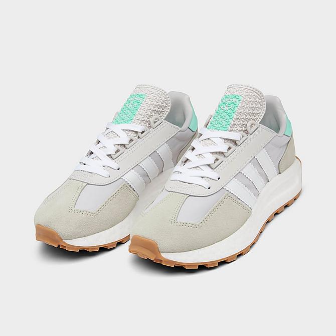 Three Quarter view of Women's adidas Originals Retropy E5 Casual Shoes in Grey/Cloud White/Pulse Mint Click to zoom