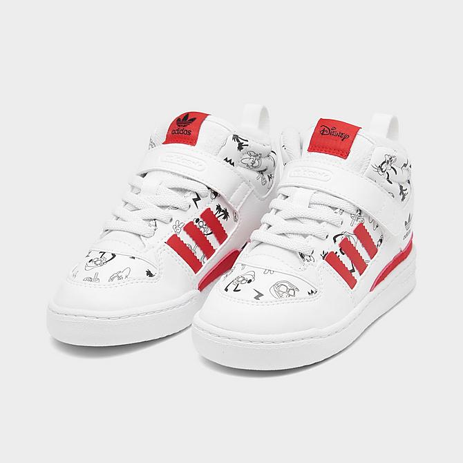 Three Quarter view of Kids' Toddler adidas Originals x Disney Forum Mid 360 Casual Shoes in Cloud White/Vivid Red/Cloud White Click to zoom