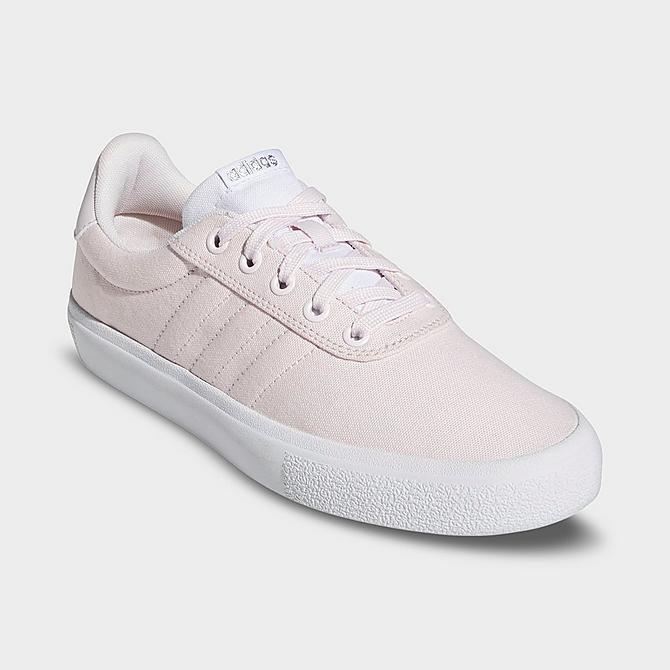 Three Quarter view of Women's adidas Essentials Vulc Raid3r Skateboarding Shoes in Almost Pink/Almost Pink/Cloud White Click to zoom
